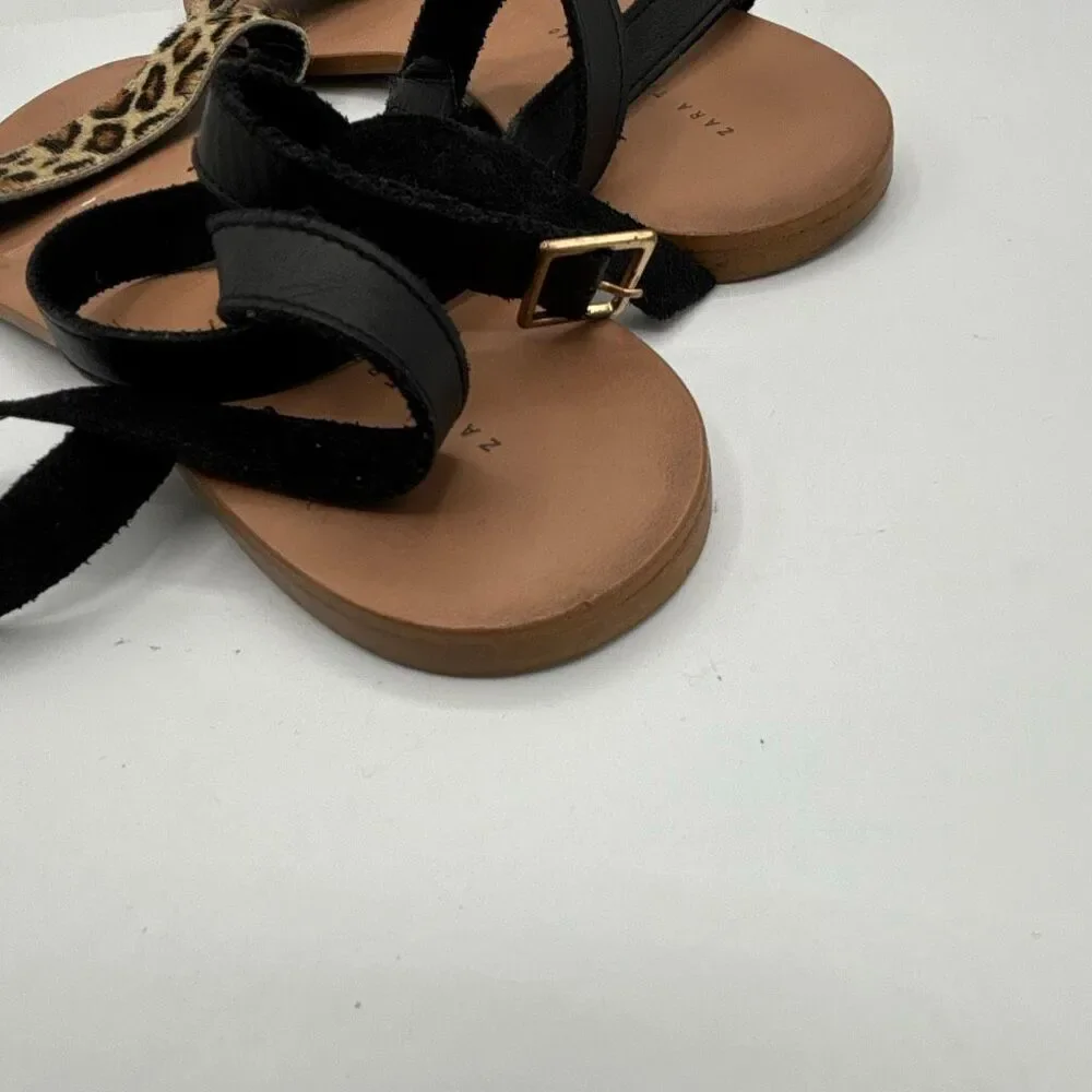 ZARA FLAT LEATHER SANDALS WITH LEOPARD PRINT STRAP SIZE 40 US 10 - Picture 7 of 8